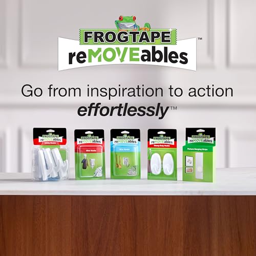FrogTape reMOVEables Heavy Duty Wall Hooks - 8 Hooks and 12 Strips - Holds up to 3 lbs - No Damage - Easy to Remove & Reuse - Medium Wall Hook with Adhesive Strips - White (Pack of 8) - size: Pack of 8, style: Medium
