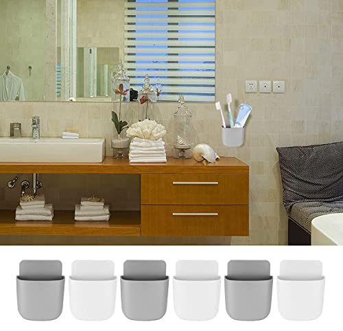 6 Pcs Remote Control Holder Wall Mounted, Self-Adhesive Wall Mount Phone Pen Pencil Makeup Brushes Glasses Holder Storage Box Organizer for Wall Beside Table (3 White+ 3 Grey) - color: White, Gray