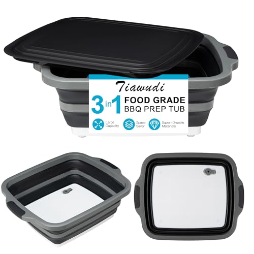 Tiawudi Large Collapsible BBQ Prep Tub with Lid(4.22 Gal/16L), Foldable Camping Sink with Colander, Cutting Board, Dish Basin for Kitchen, Bowl, Vegetable and Fruit, Storage Basket for Picnic - color: Black, size: 20"L x 16.3"W