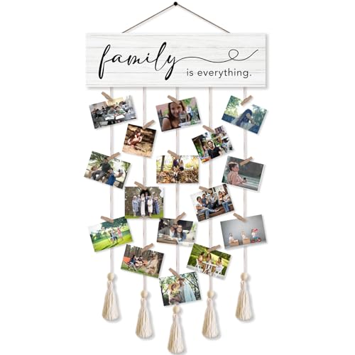 Family is Everything Hanging Photo Display Board with 16 Clips 5 Strings,Rustic Style Picture Collage Frames Wall Decor Wood Hanging for Home Bedroom Décor,Housewarming Gifts - color: Family is Everything