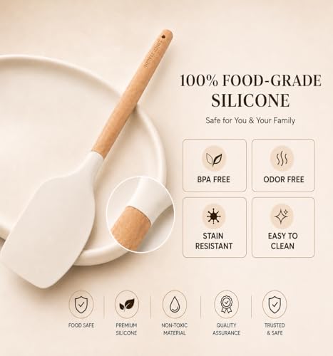 Silicone 10 Pcs Kitchen Cooking Utensils Set, Recycled Materials Certification, BPA Free Spatula Set with Heat Resistant Wood Handles for Nonstick Cookware, Cream White - color: CreamWhite