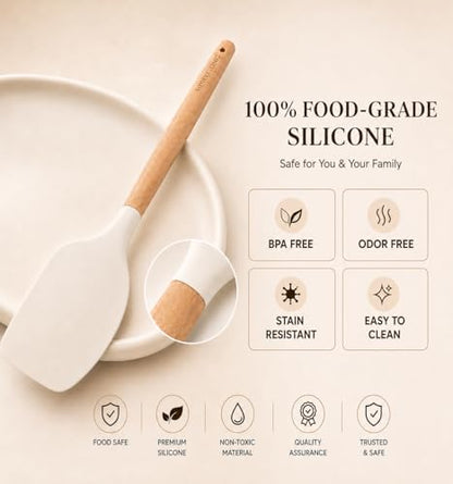Silicone 10 Pcs Kitchen Cooking Utensils Set, Recycled Materials Certification, BPA Free Spatula Set with Heat Resistant Wood Handles for Nonstick Cookware, Cream White - color: CreamWhite