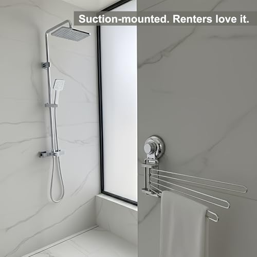 Suction Cup Swivel Towel Rack for Marble & Glass & Smooth Tile Surface Only, Kitchen Dish Towel Holder, Small Hand Towel Holder Bar for Bathroom - Stainless Steel, Wall Mounted