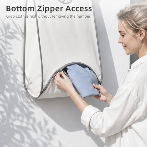 STORAGE MANIAC Wall Mount Laundry Hamper, 90L Hanging Laundry Bag with Bottom Zipper Opening, Space-Saving Dirty Clothes Hamper with Mounting Hardware for College, Dorm, RV, White