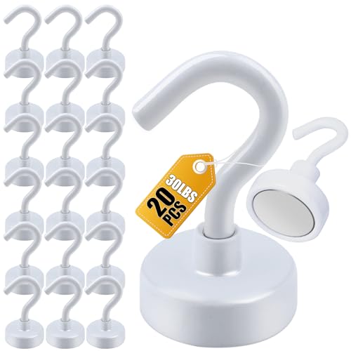 DIYMAG Magnetic Hooks, 30Lbs Strong Heavy Duty Cruise Magnet S-Hook for Classroom, Fridge, Hanging, Cabins, Grill, Kitchen, Garage, Workplace and Office Etc, (20 Pack-White) - color: White, size: 0.63in