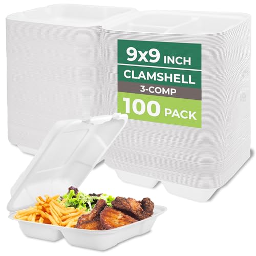 Freshware Clamshell Food Containers with Lids [9x9"] 3-Compartment 100-Pack, Disposable To Go Containers, Biodegradable Sugarcane To Go Boxes - Paper Container - Microwave & Freezer Safe, Stackable - size: 9 x 9 Inch, 100 Pack