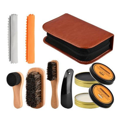9-in-1 Shoe Polish Kit with 3 Brushes, 2 Shoe-Polishes and more, Shoe-Shine-Kit for Leather Shoe Boot Cleaning and Care(COLOR:Brown)