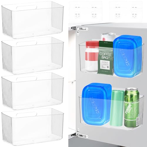 4 PCS Plastic Adhesive Mount Over Cabinet Door Organizer, Under Sink Door Storage Shelf Refrigerator Side Storage Box, Wall Organization Container for Kitchen Bathroom Office - color: 4 Pcs, 1 Size