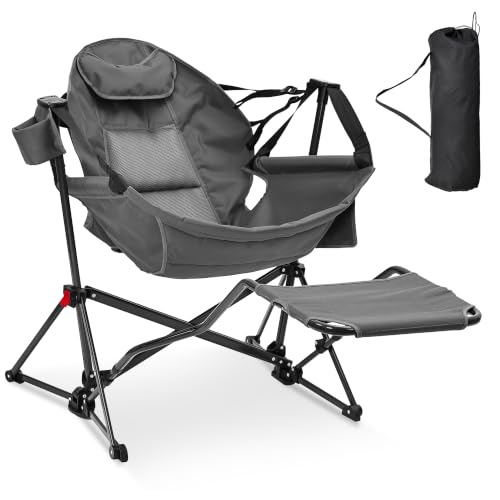 Ainfox Hammock Camping Chair with Footrest, Foldable Portable Rocking Chairs for Adults Outside Swinging Camp with Cup Holder Pillow for Outdoor Patio Poolside (Dark Grey) - color: Dark Grey, size: With Footrest