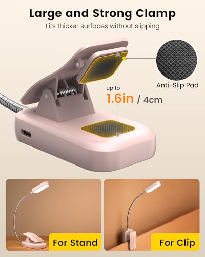 Glocusent 20 LED Reading Lights for Books in Bed, Eye Caring Reading Light, 5 Colors & 5 Brightness 3–100LM Dimmable, 1200mAh Rechargeable Book Light to 90H, Lightweight Clip on Light for Book Lovers - color: Pink