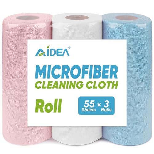 AIDEA Microfiber Cleaning Cloth Roll 165 Sheets(3 Roll), Tear Away Microfiber Towels, Reusable Paper Towels, Washable Shop Rags, Scratch Free, Absorbent Dish Rags for Car, Home, Shop, 11" x 9" - color: Multicolor, size: 55 Count (Pack of 3)