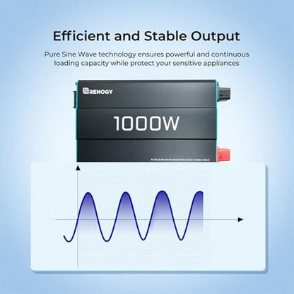 Renogy 1000W Pure Sine Wave Inverter 12V DC to 120V AC Converter for Home, RV, Truck, Off-Grid Solar Power 110V with Built-in 5V/2.1A USB Port, Hardwire Remote Controller - size: 1000W(No BT & ATS)