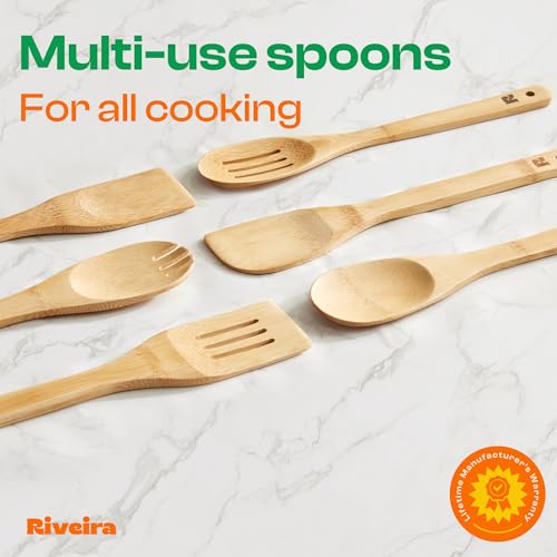 Riveira Bamboo Cooking Spoons 6-Piece – Wooden Cooking Utensils Set with Wooden Spoons for Cooking & Spatulas Wooden Utensil Sets – Premium Kitchen Utensils Set – Durable First Apartment Essentials - color: Bamboo Natural, size: Set of 6