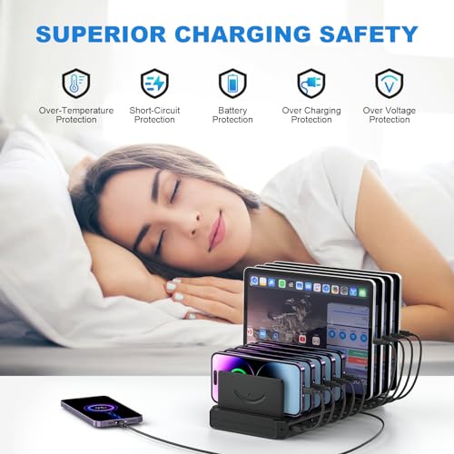 Charging Station for Multiple Devices, Cinlinso 60W 10 Port USB Fast Charging Station with Adjustable Dividers, Compatible with iPhone, iPad, Tablets and Cell Phone (Black)