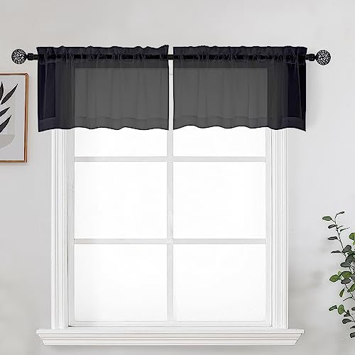 OWENIE Black Sheer Kitchen Valance for Windows Set of 2, Small Modern Rod Pocket Voile Valance Curtain Window Treatment Decor for Living Room Bathroom Cafe Laundry Basement, 42" W x 14" L - color: Black, size: 42"W x 14"L (Pack of 2)