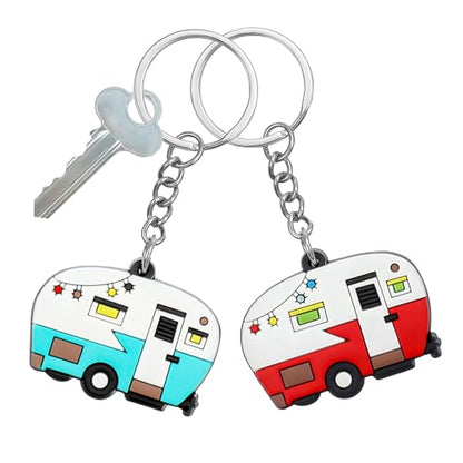 Thinp 2 Pieces Camper Keychain, RV Camper Keyring Accessories for Travel Trailers Enameled Metal Retro Camping Car Keychain - color: Rubber Red+green