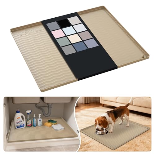 URMONA Waterproof Silicone Under Sink Mat 25'' x 22'' Shelf Liner for Kitchen and Bathroom, Cabinet and Counter Protector, Storage and Organizers, Litter Mat, Pet Cat Puppy Essentials(Khaki) - color: Khaki, size: 22"W x 25"L