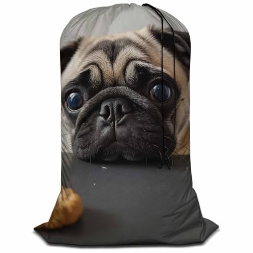 Swono Pug Dog Laundry Basket Clothes Hamper Bag Cute Puppy Stay In Jeans Collapsible Dirty Clothes Storage Laundry Organizer, Oxford Cloth Machine Washable, Black - color: Pug Dog