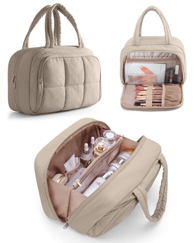 Marscamd Travel Makeup Bag for Women, Puffy Cosmetics & Toiletry Organizer with Leakproof Pockets for Travel-Size Shampoo, Conditioner, Brushes & Essentials - Medium Size, Khaki (Bag Only) - color: Khaki