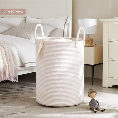 80L Extra Large White Hamper Tall Woven Laundry Basket Cotton Rope Blanket Basket for Living Room Clothes Hamper in Bedroom 16"L x 16"W x 22"H - color: White, size: Extra Large (80L)
