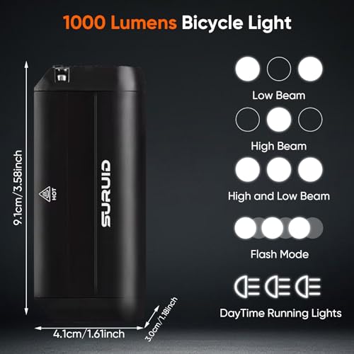 Suruid Super Bright LED Bike Light, USB Rechargeable Bicycle Headlight, Waterproof Bike Headlight, Waterproof Bike Headlight,Daytime Running Light,MTB Off-Road Cycling Commuting - style: 1000lumen+taillight