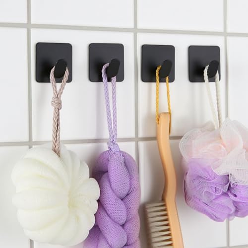 Adhesive Black Hooks - Stainless Steel Wall Hooks Hanger for Hanging Towel Coat Hat Shower Hooks, 304 Metal Robe Hook Rack Stick on Toliet Bathroom Bedroom Office or Kitchen Wall Mount (4 Packs) - color: Black