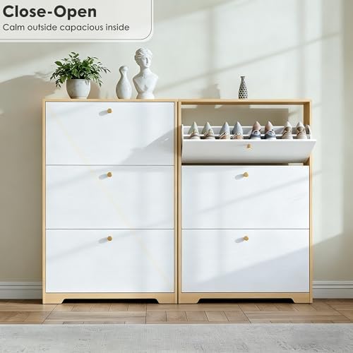 Nicetree Shoe Cabinet with 3 Flip Drawers，Freestanding Shoe Storage Cabinet, Narrow Shoe Organizer Cabinet, Farmhouse Slim Shoe Rack Cabinet for Entryway, Natural Oak and White with Hook - color: Natural Oak and White, style: 3-Drawers with Hook