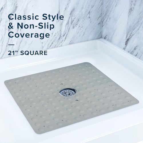 SlipX Solutions Square Natural Rubber Shower Stall Mat, 21” x 21”, Mildew Resistant, Non Slip Safety, Antimicrobial Product Protection, 140 Power Grip Suction Cups, Center Drain Hole, Tan - color: Tan