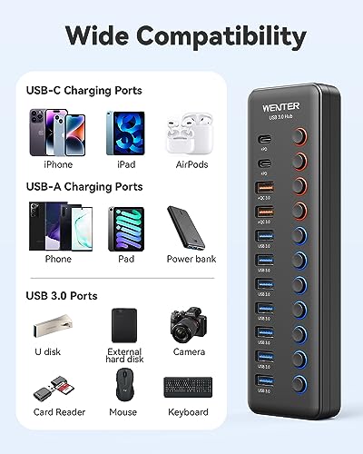 Powered USB 3.0 Hub, Wenter 48W 11-Port USB Hub Splitter (7 Faster Data Transfer Ports+ 4Pcs QC Charging Ports) with Individual LED On/Off Switches, USB Hub 3.0 Powered with Power Adapter - color: 7+2+2