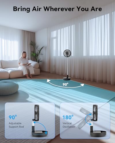 Portable Oscillating Travel Fan, 10400mAh Battery Operated Rechargeable USB Floor Table Desk Fan with Remote, 4 Speed Settings Pedestal Fan for Home Bedroom Office Camping, Black 8" - color: Black-10400mAh