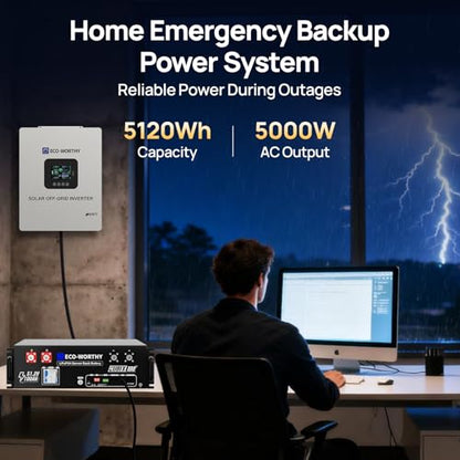 ECO-WORTHY Home Power Station Backup Power,5120Wh LiFePO4 Battery Support Communication,Bluetooth and WiFi,AC 5000W Inverter,1Hr/2.5Hr Fast Charge,for Home Backup,Emergency,Solar System Components - size: 5120Wh+5KwOutput