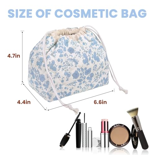 Gosect Large Makeup Bag, Cute Drawstring Cosmetic Bag with Canvas Lining, Floral Coquette Aesthetic Toiletry Bag, Travel Make Up Organizer Bag for Women and Girl (Blue Flower) - color: 035Blue Flower