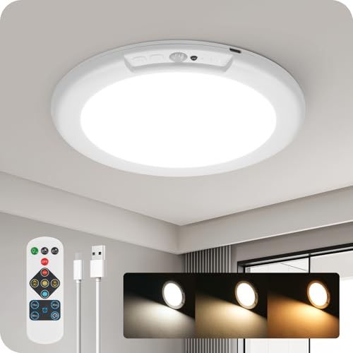 Rechargeable Motion Sensor Ceiling Light with Remote, Wireless Ceiling Light Battery Operated, No Wiring, Magnetic, Dimmable Shower Light, Timer, 3 Color 6000K, Rechargeable Light for Closet Hallway - style: 3 Color Temperatures