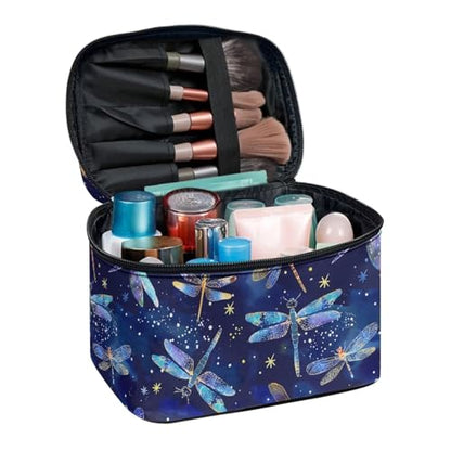 Comestic Bag for Women Blue Dragonfly Printed Makeup Brush Bag Exquisite Portable Travel Case for Toiletries Skin-Care Products with Versatile Uses - color: Blue Dragonfly