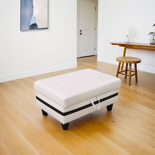 Ottoman, Faux Leather Storage Ottoman Bench, Modern 33.5" Large Square Entryway Bench Ottoman with Storage for Living Room/Apartment/Bedroom/Rv Car,White/Black - color: White/Black, size: 33.5 inch
