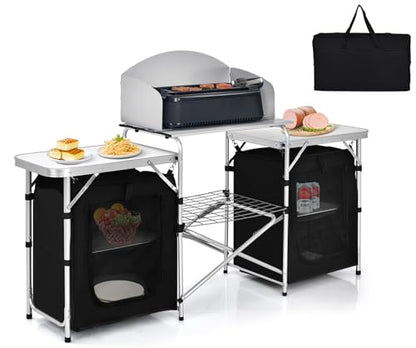GYMAX Folding Camping Table, Portable Kitchen Table with 2 Zipper Organizer Shelf & Wind Screen, Foldable Cooking Table for Camping Hiking Picnic BBQ (Black) - color: Black