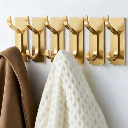 pickpiff Adhesive Wall Coat Hooks - Heavy Duty Stick-On Door Hanger, Metal Hook for Hanging Towel,Purse, Robe, Backpack, Jacket, Clothes - for Bathroom,Dorm, Closet, Kitchen - Gold, 6 Pack - color: Gold, size: 6 Pack