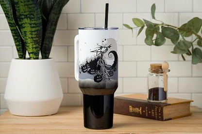 Silver Buffalo Disney Nightmare Before Christmas by Tim Burton Jack Skellington Hill and Moon Double Walled Stainless Steel Tumbler with Handle and Straw, Fits in Standard Cup Holder, 40 Ounces - color: Nightmare Before Christmas Hill and Moon Scene