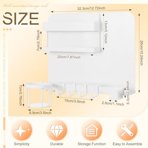 Novabright White 13 x 10 Inch Bedside Wall Organizer for Bedroom, Large Metal Floating Bedside Shelf Wall Mount Storage for Phone Remote Control Cup Holder Dorm Room, Rv, Small Room Accessories