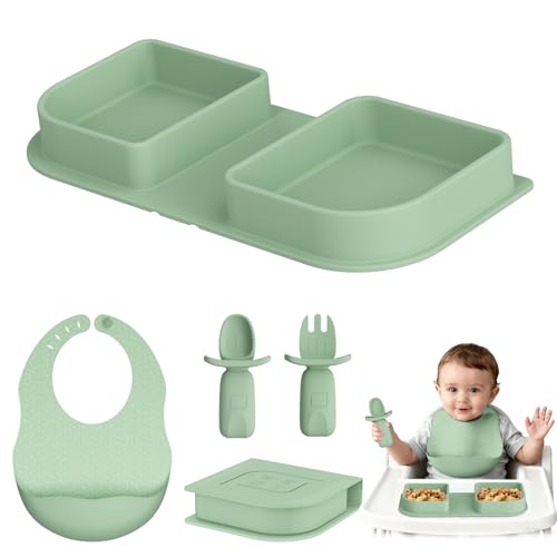 Green Foldable Silicone Baby Feeding Set, Portable Travel Baby Feeding Essentials Including Toddler Plates, Silicone Baby Spoon&Fork, Adjustable Foldable Bib, Portable Infant Toddler Utensils - color: Green