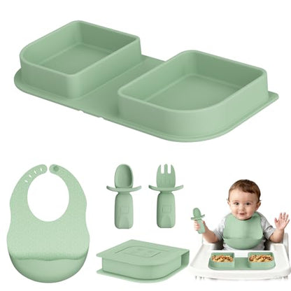 Green Foldable Silicone Baby Feeding Set, Portable Travel Baby Feeding Essentials Including Toddler Plates, Silicone Baby Spoon&Fork, Adjustable Foldable Bib, Portable Infant Toddler Utensils - color: Green