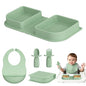 Green Foldable Silicone Baby Feeding Set, Portable Travel Baby Feeding Essentials Including Toddler Plates, Silicone Baby Spoon&Fork, Adjustable Foldable Bib, Portable Infant Toddler Utensils - color: Green