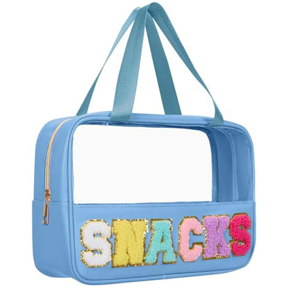 Snack Bags Chenille Letter Patch Clear Bag Snacks Bag for Travel, Preppy Cosmetic Bag Snacks Pouch with Zipper, Toiletry Bag for Traveling women, Clear Travel Bags for Toiletries (Blue-Snack) - color: Blue-Snack