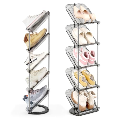 Patinao Sloping Narrow Shoe Rack 5 Tiers - Free Standing Vertical Shoes Racks for Small Spaces and Corner, Shoe Storage Organizer for Entryway, Tall Slim Shoe Shelf Cabinet for Shoes and Boots - color: Clear, size: 5 Tier * 1 Pack