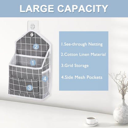 2PC Wall Hanging Storage Bag Organizer Baskets Caddy Closet (Grey+Beige) | Over The Door Hanging Basket with Pockets and Adhesive Hooks Wall File Organizer for Bedroom Kitchen Office Dormitory