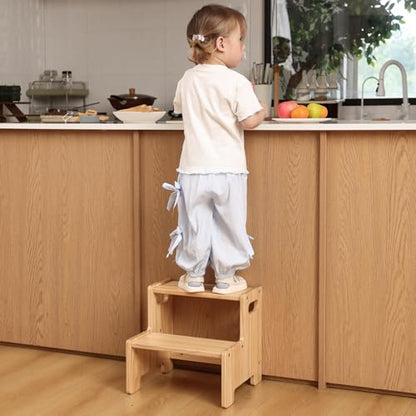 Wooden Step Stool,Two Step Stool for Kids,Toddler Montessori Stool Supports 300 lbs Kids Toddler Stepping Stool for Bathroom Sink/Toilet/Kitchen/Bed,Natural