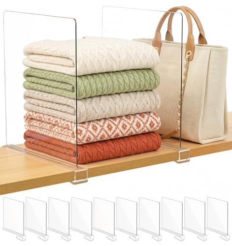 SortNStore Shelf Dividers Purse Organizer for Closet: 11-inch Tall(Extra Tall) Acrylic Sweater Organizer - Upgraded Extra Height for Large Handbags, Totes, Clothes, Towels on Wood Shelves 10-Pack - color: Clear:10-pack, size: Extra Tall: 11" Tall X 12" De