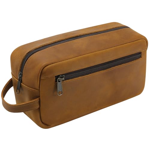 Ringsun Genuine Leather Toiletry Bag, Hanging Makeup Bag with Large Capacity for Women Men, Handcrafted Vintage Travel Toiletry Bag for Accessories, Shampoo, Full-size Container, Toiletries