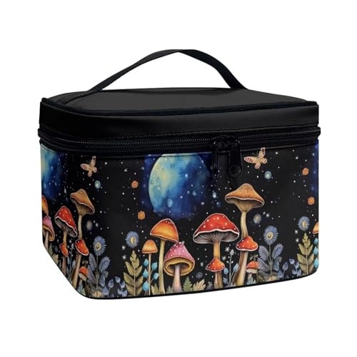 Flashideas Mushroom Butterfly Makeup Bag Portable Cosmetic Bag Large Capacity Travel Toiletry Bag Double Zippers Easy to Hold Portable Storage Bag for Cosmetics Vertical Storage - color: Mushroom Butterfly