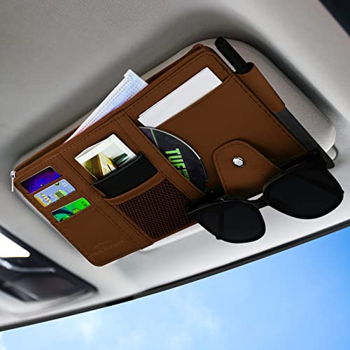 Car Sun Visor Organizer, Leather Pocket Organizer Sunglass Holder for Car Interior Accessories with Multi-Pocket Net Zipper (Brown) - color: Brown